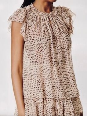 Ulla Johnson Marilyn Silk Chiffon Leopard Ikat Dot Ruffled Cap Sleeve Blouse
